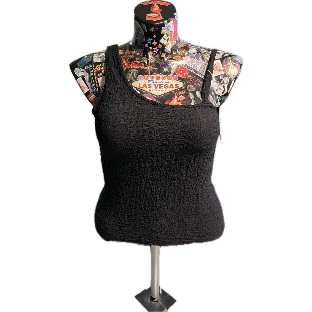 Halara Crinkle Fabric Asymmetric Neckline Tank Top Black Size L